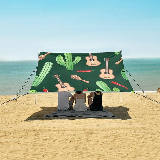 xigua Guitar Beach Tent Sun Shelter with Carrying Bag - Silver Coated Oxford Fabric Beach Canopy for Beach Camping Fishing - Includes Windproof Ropes Sandbags &amp Stakes