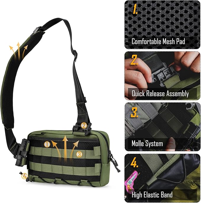 TACTICAL_GEEK Cache L3 EDC Sling Bag Chest Lightweight Shoulder Daypack 500D Nylon Travel Hiking Concealed CarryCrossbody Bag Tactical Backpack Hiking Ambidextrous Strap Green
