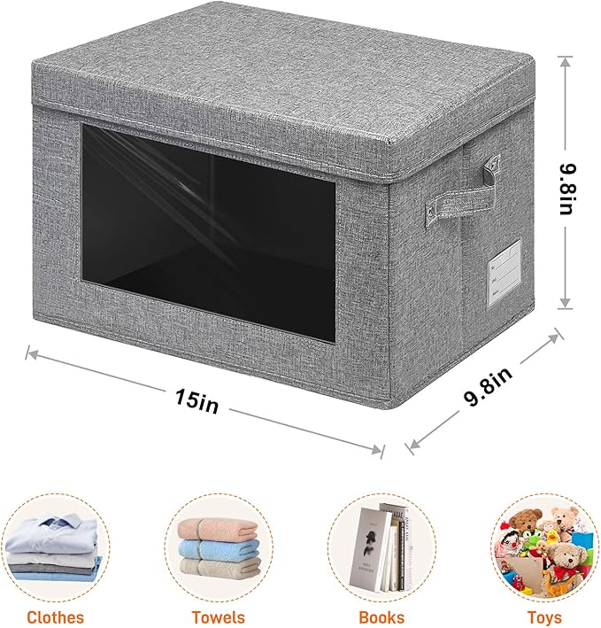 4-Pack Fabric Storage Bins with Lids Foldable Storage Boxes with Handles &amp Clear Window Closet Organizers for Clothes Books (Grey 4PCS/14.9 x 9.8 x 9.8 in)