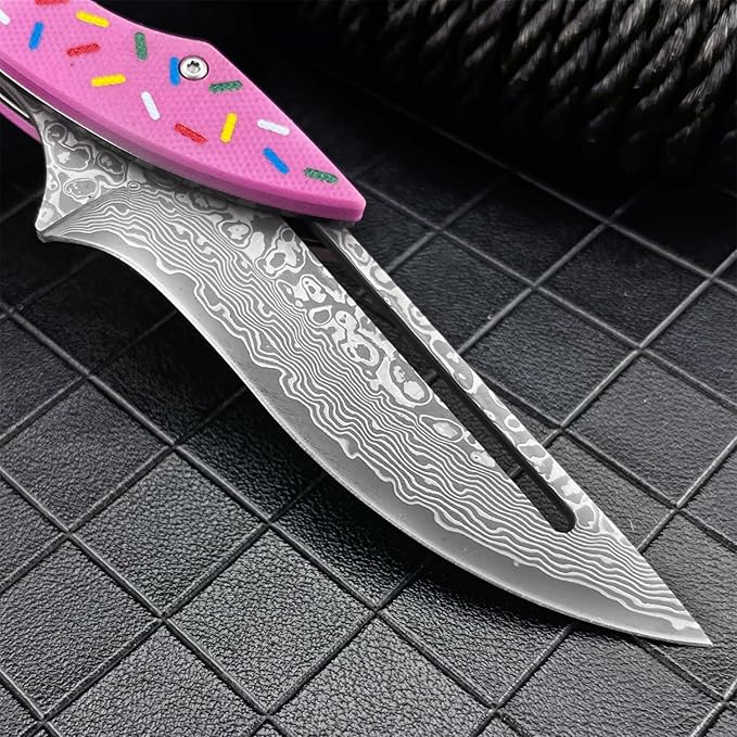 7.3 Damascus Steel Folding Pocket Knife Doughnut Pink Nylon Fiber Handle Mechanical Lock Outdoor EDC Knife for Camping Hiking Fishing Gift