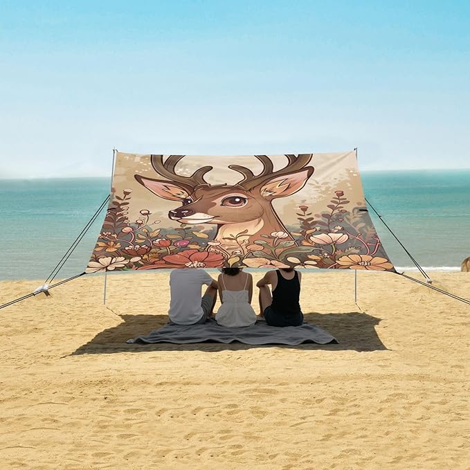 ALAZA Beautiful Deer with Awesome Flowers Cartoon -Seed 1713421452 Beach Tent Sun Shelter Portable Canopy Sunshade for Outdoor Camping Picnics Backyard Fun 10x9 ft