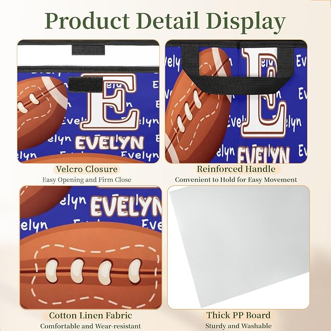 American Football Sports Custom Storage Bins with Lid Foldable Fabric Personalized Storage Basket Box with Handle Storage Organizer Container for Home Bedroom Closet