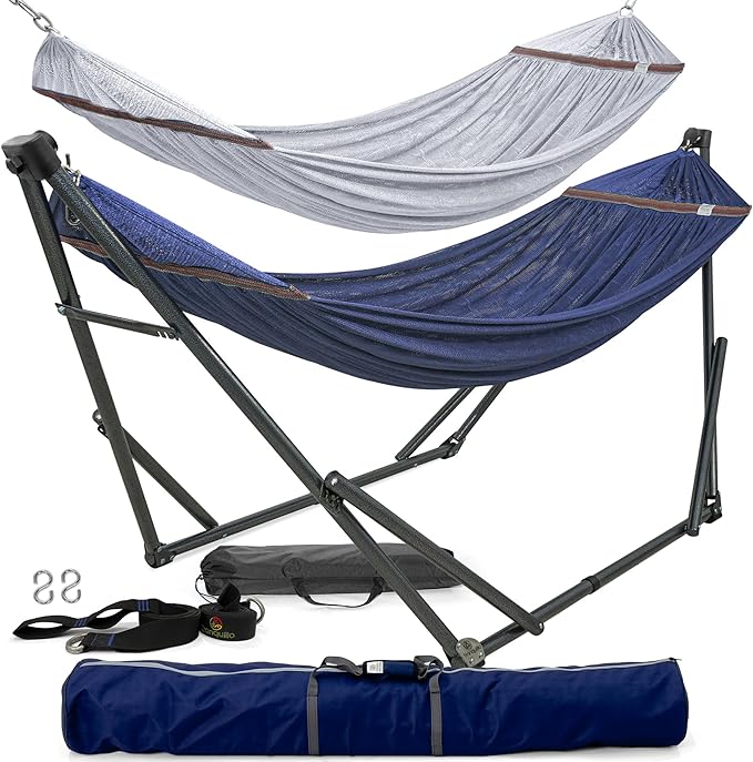Tranquillo Combo x2 Hammocks with Stand for Outside &amp Tree Straps Heavy Duty Hammock with Stand 600lbs for Indoor Outdoor Patio Backyard x2 Hammocks for 2 Person Portable Carrying Bags Aegean
