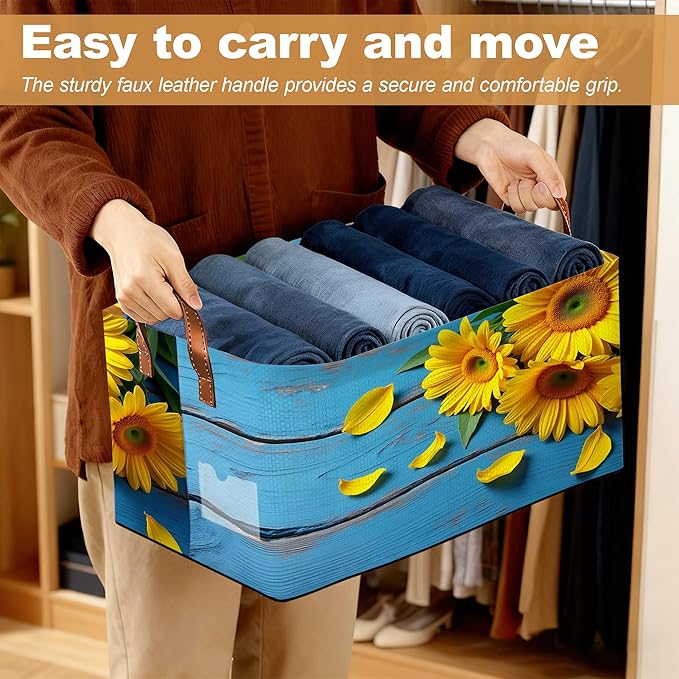 Storage Bin with Handles Sunset Sunflower Collapsible Laundry Baskets for Books Laundry - Use in Nursery Closet Organizers and Storage Blanket Basket