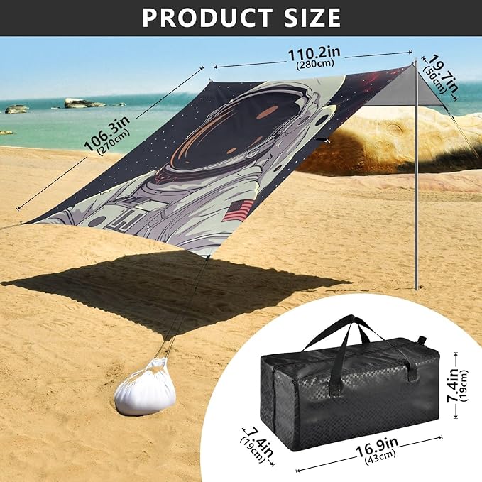 ALAZA Astronaut Portrait Starry Sky Beach Tent Sun Shelter UPF50+ Protection Beach Shade Canopy w/ 4 Sandbags for Outdoor Camping Fishing Backyard Fun Picnic 10x9 ft
