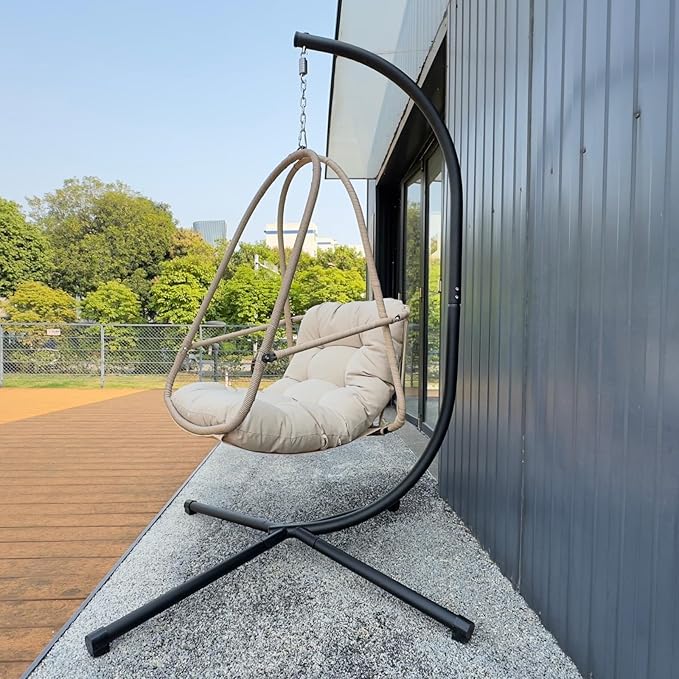 Swing Egg Chair with Stand Indoor Outdoor Wicker Rattan Patio Basket Hanging Chair with C Type Bracket with Cushion and PillowPatio Wicker Folding Hanging Chair(Special Construction Cup Holder