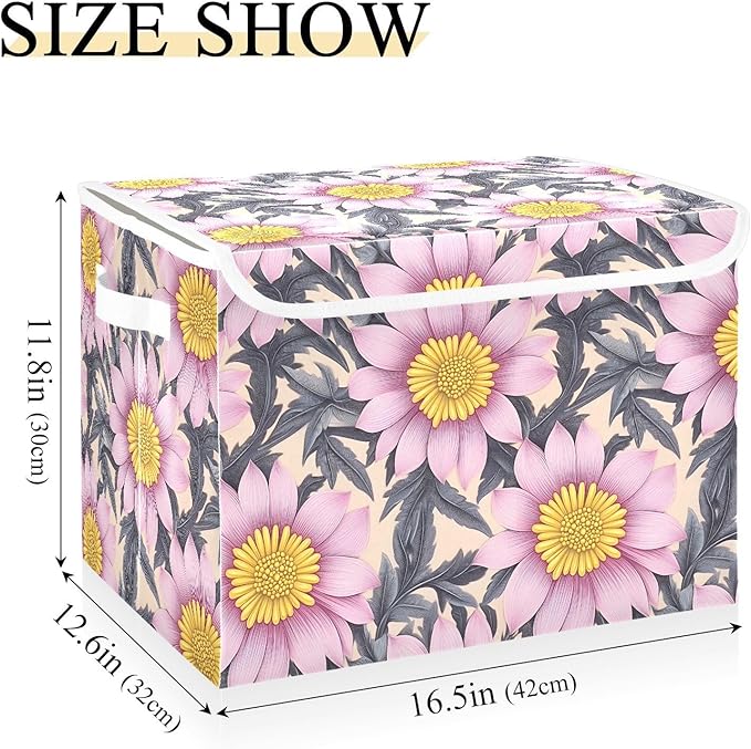 Storage Cube with Lid Aesthetic Floral Print 16.5×12.6×11.8 IN Collapsible Large Capacity Foldable Storage Basket Bin Organizer