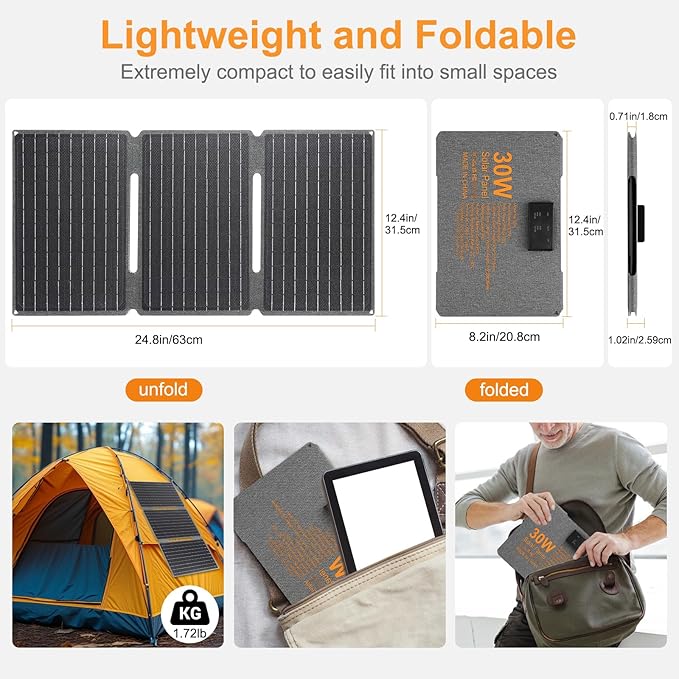 Portable Foldable Solar Panel Kit 30W 18V ETFE Solar Panels Charger with USB 3.0 Type-C and DC Outputs Fast Charging Compatible with iPhone iPad Power Banks IP67 Waterproof for RV Camping Off-Grid