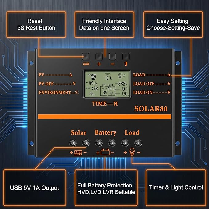 Solar Controller 80A 12V / 24V Battery Charge Regulator Auto 960W / 1920W with LCD Display Mobile Power Supply Charger 5V USB Enhanced Heat Sink (80A)