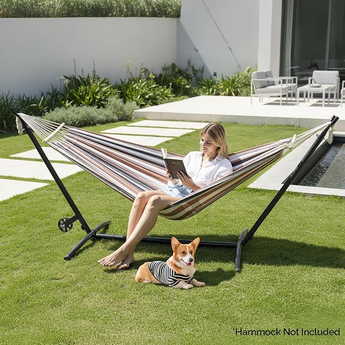 ONCLOUD Upgraded Reinforced 9 FT Hammock Stand Only Easy to Remove w/Wheel Heavy Duty Hammock Stand with Carrying Case Universal Hammock Stand for Outsides Yard (Black w/Wheel)