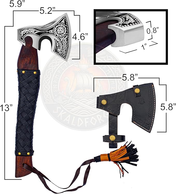 Handmade Russian Axe with Leather Sheath – Carbon Steel Blade Rosewood Handle – 13 Inch Nordic Axe Handmade Collectible - Best Wedding for Men and Women
