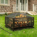 Florise Outdoor Fire Pit 32 Inch Wood Burning Firepit for Outside with Mesh Cover &amp Fire Poker Large Square Metal Fireplace for Patio Backyard Garden Bonfire Party