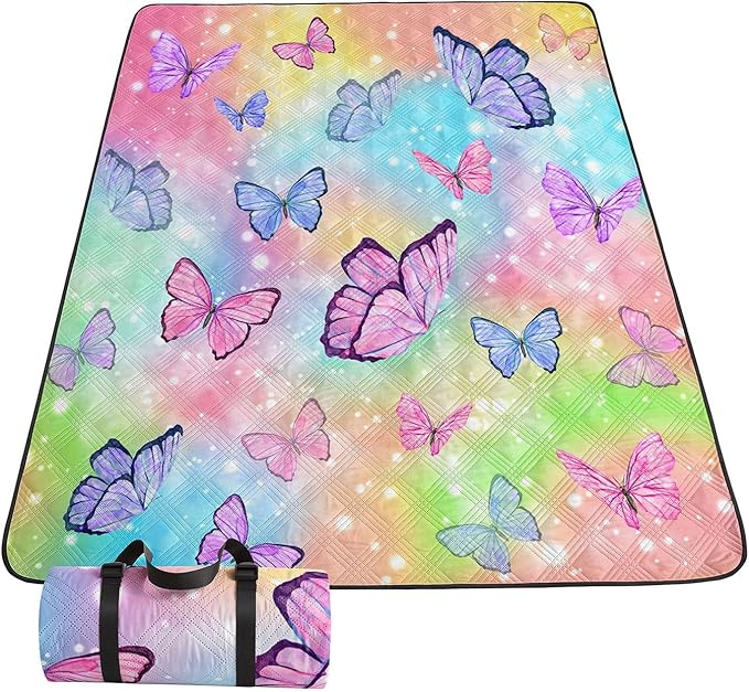 Outdoor Picnic BlanketPortable Ultrasonic Waterproof Picnic MatColorful Butterfly Printed Camping Beach Mat for Sand and Wet Grass Hiking (Butterfly S)