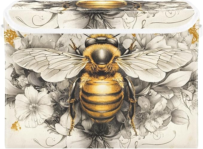 Bee Flower Gold Large Storage Bins with Lid Foldable Storage Cubes Fabric Closet Organizer Containers Box Baskets with Flip-Top Lid for Home Office 16.5” x 12.6” x 11.8”