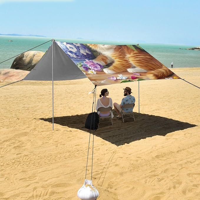 ALAZA Cute Orange Cat Flower Beach Tent Sun Shelter Portable Canopy Sunshade for Outdoor Camping Picnics Backyard Fun 10x9 ft