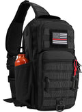Rover Sling Pack Tactical Shoulder Sling Bag Backpack with Bottle Holder Crossbody Chest Bag Black with Red Rope/Patch