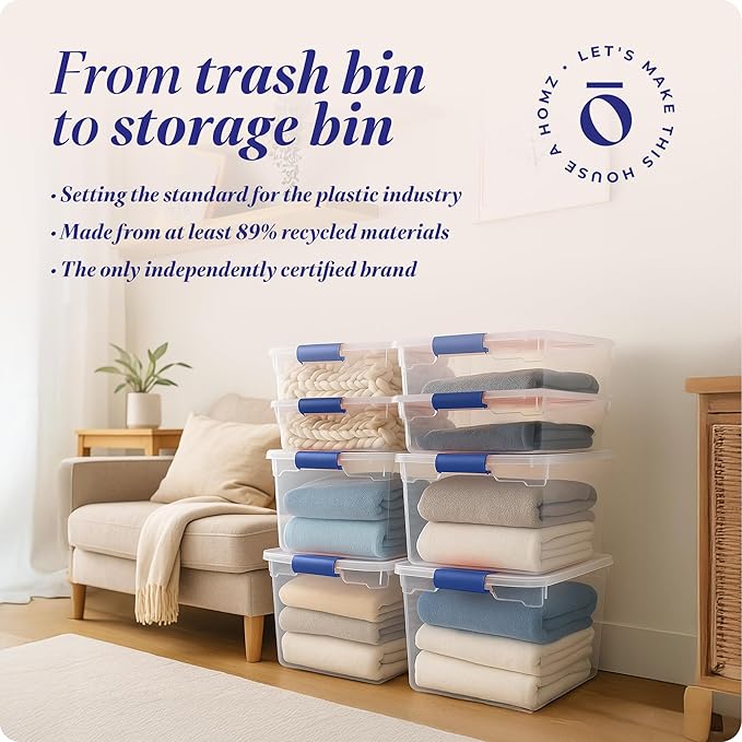 HOMZ Secure Latch Clear Plastic Storage Organizer Bins 31 Quart (4-Pack) &amp 15.5 Quart (4-Pack) Blue Latches - Stackable Organizing Containers for Home Garage and Office