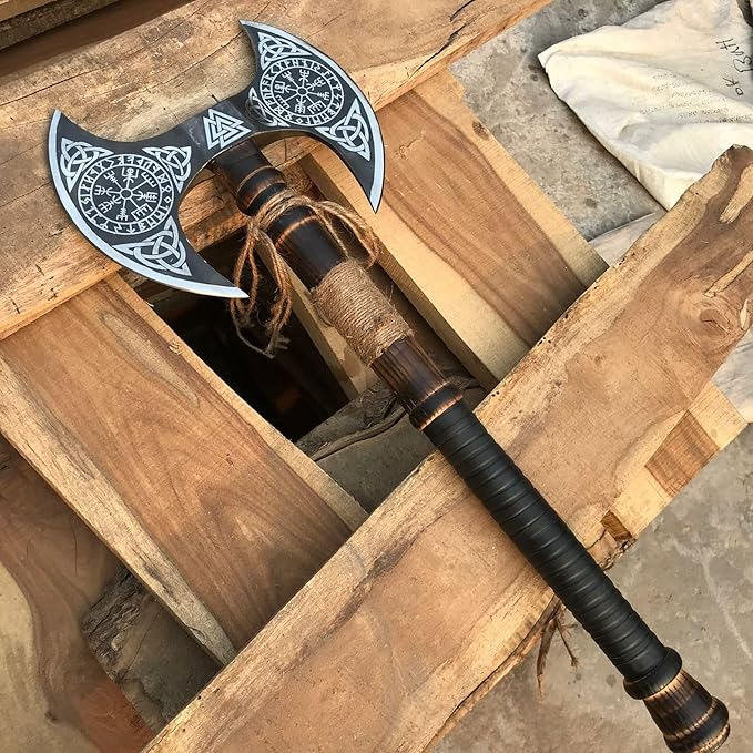 [MDM King Tools] Custom Handmade Viking Axe Medieval Ax with Viking Gift Hand Axes Viking Gifts for Men Camping Tomahawk Bearded Ragnar Axe with Leather Sheath (Dobule)