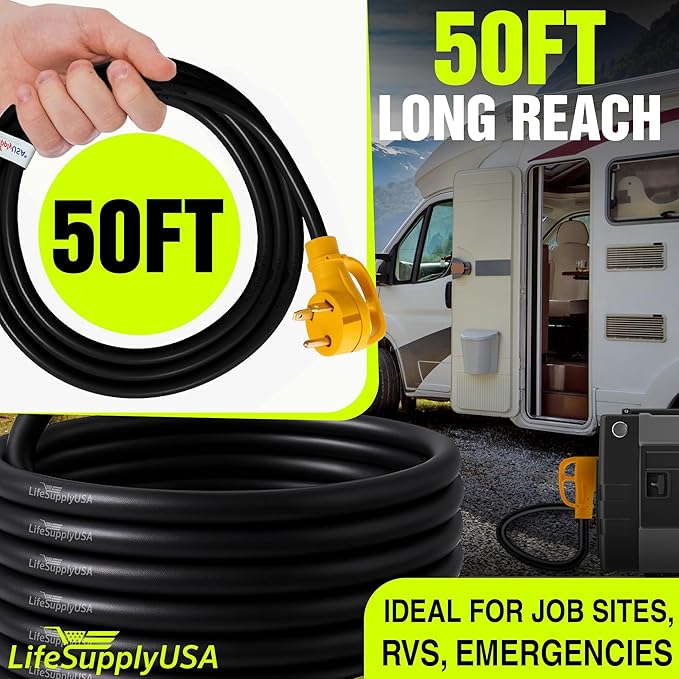 50ft RV Extension Cord 30 AMP (TT-30P/L5-30R) with Twist-Lock Connector and Grip Handle Hook and Loop Strap - STW 10/3 AWG 125 Volt - Heavy Duty - by LifeSupplyUSA