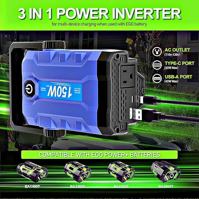 150W Portable Inverter Power Inverter Compatible with EGO Power+ Battery for Home and Outdoor