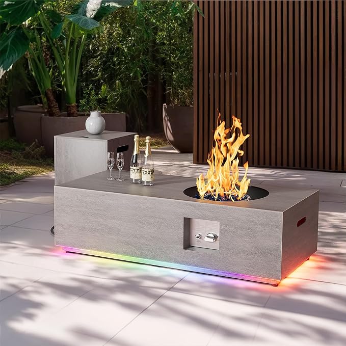 SUNPEAK 48 Propane Fire Pit Table Round Burner with Multiple Color LED Lights – 50000 BTU Fire Pit Table with Lid Rocks Cover and Tank Storage - Outdoor Fireplace Table (Grey/RGB Light 48 LED)