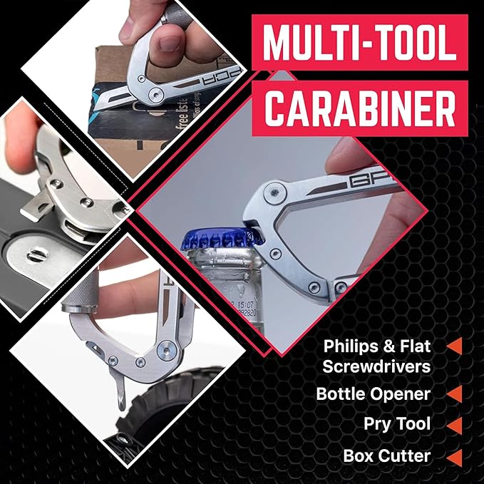 GPCA Carabiner Multitool - Carabiner Heavy Duty Key Clip for Keys Bottle Opener Screwdriver Box Cutter Ruler Keychain Clip Keychain Organizer EDC Gear for Camping &amp Hiking - Gifts for Men