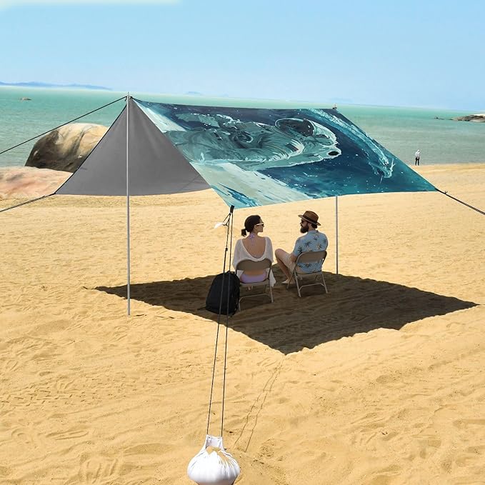 ALAZA Astronaut on Planet Beach Tent Sun Shelter UPF50+ Protection Beach Shade Canopy w/ 4 Sandbags for Outdoor Camping Fishing Backyard Fun Picnic 10x9 ft