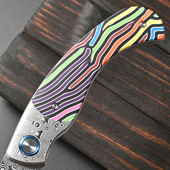 Sitivien ST270 Folding Knife Damascus Steel Blade Colorful G10 &amp Damascus Handle with Ball Bearing for Men Women Outdoor Camping Hiking Fishing(Color)