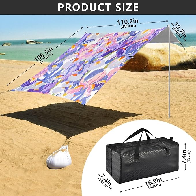 ALAZA Pink &amp Blue Iris Flower Beach Tent Sun Shelter UPF50+ Protection Beach Shade Canopy w/ 4 Sandbags for Outdoor Camping Fishing Backyard Fun Picnic 10x9 ft
