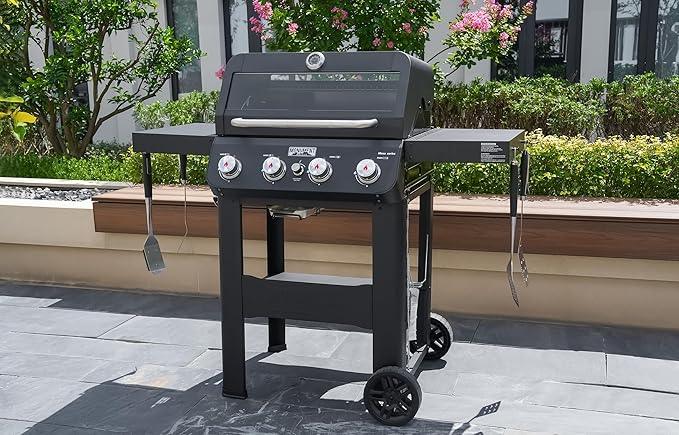Monument Grills 4-Burner Liquid Propane Gas Grill Matte Black Stainless Steel Burner Grill with Clearview® Lid and One Foldable Shelf for Outdoor Cooking Kitchen Patio Backyard Barbecue Mesa420MF