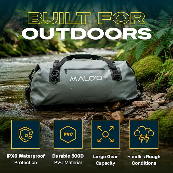 Malo’o Waterproof Dry Duffel Heavy-Duty Roll Top Waterproof Gear Bag with Shoulder Strap &amp Molle Loops Marine Duffel for Kayaking Boating Camping Beach &amp Travel Grey 60L