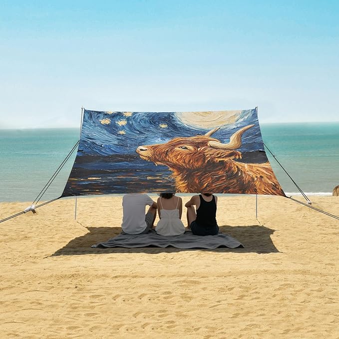 ALAZA Highland Cattle Starry Sky Beach Tent Sun Shelter Portable Canopy Sunshade for Outdoor Camping Picnics Backyard Fun 10x9 ft