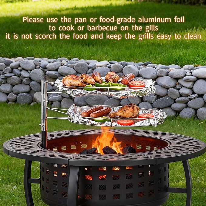 FDW 36 Inch Fire Pit with 2 Adjustable Grills Wood Burning Outdoor Fire Pit with Lid Poker &amp Waterproof Cover 3-in-1 Fire Pit Table for BBQ Bonfire &amp Patio Dining