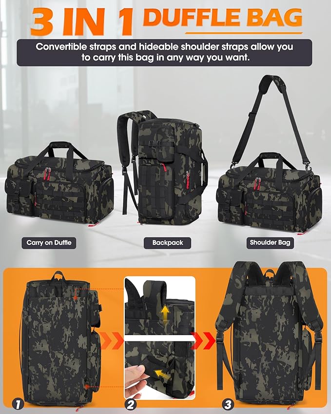 RAINSMORE Gym Bag for Men 45L Sports Travel Duffel Bag with Shoe &amp Laptop Compartment Gym Workout Backpack Carry On Weekender Bag Overnight Backpack for Travel Green Camo
