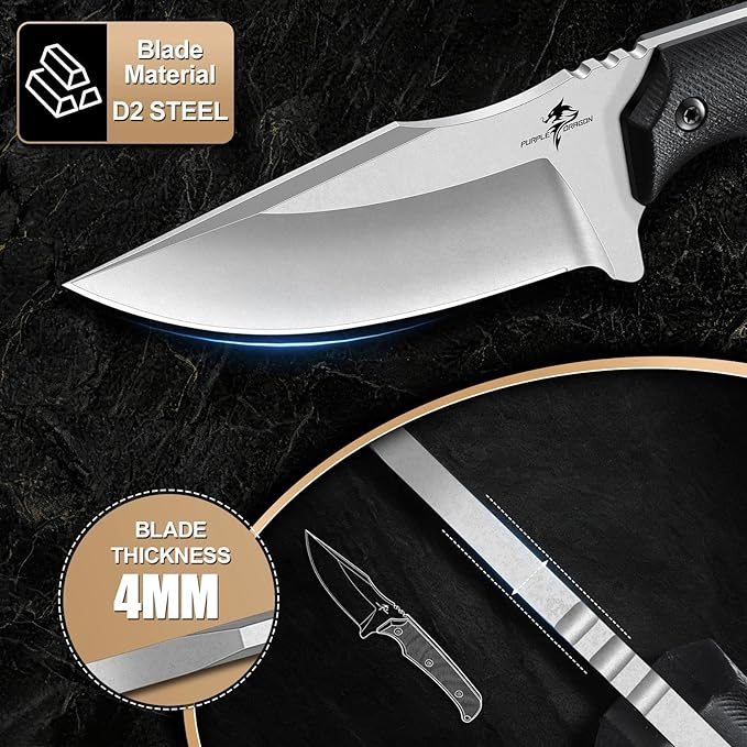 Purple Dragon Fixed Blade Knife - Full Tang Hunting Knife Forged from a Single Piece of D2 Steel - Camping Knives with G10 Handle and Kydex Sheath - Outdoor Gift for Men - Black