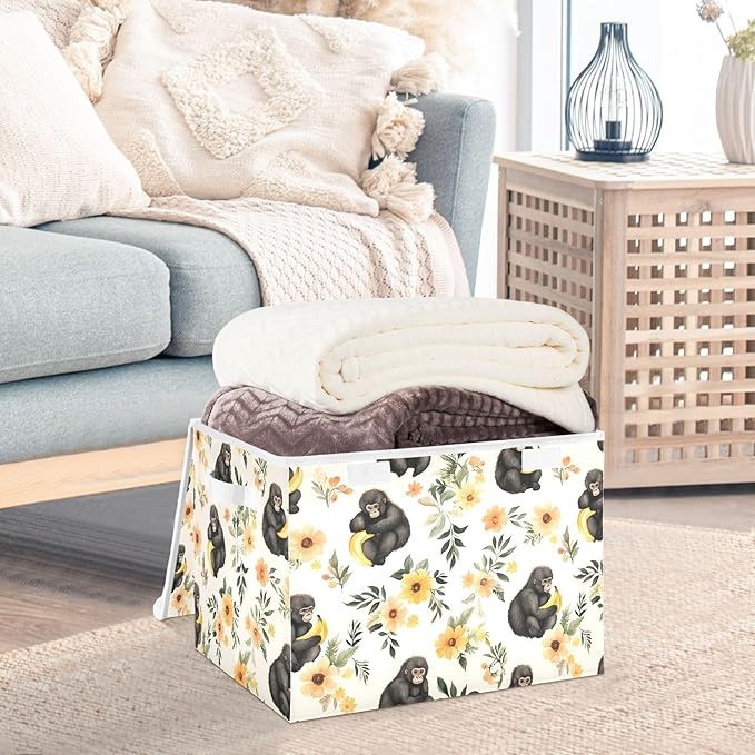 Gorilla Floral Storage Cube Bins Basket with Lid Collapsible Flip-top Fabric with Handle for Home Bedroom Closet Office 16.5×12.6×11.8 in