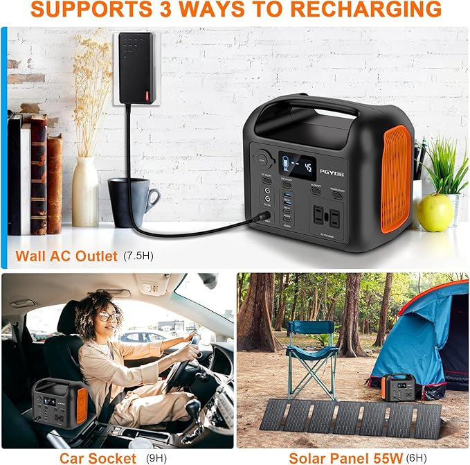 PGYOB Portable Power Station with 55W Solar Panel 299Wh LiFePO4 Backup Battery 300W Pure Sine Wave AC (600W Peak) Car Outlets PD 60W QC3.0 Solar Generator Power Bank for Camping Emergency CPAP