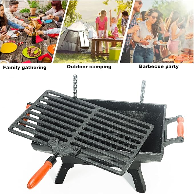 Sungmor Compact Cast Iron Charcoal Grill - Tabletop BBQ Grill with Adjustable Grate &amp Wooden Handles 12” x 7” Ideal for 1-3 People - Portable Heavy-Duty Grill for Camping Balcony &amp Small Spa