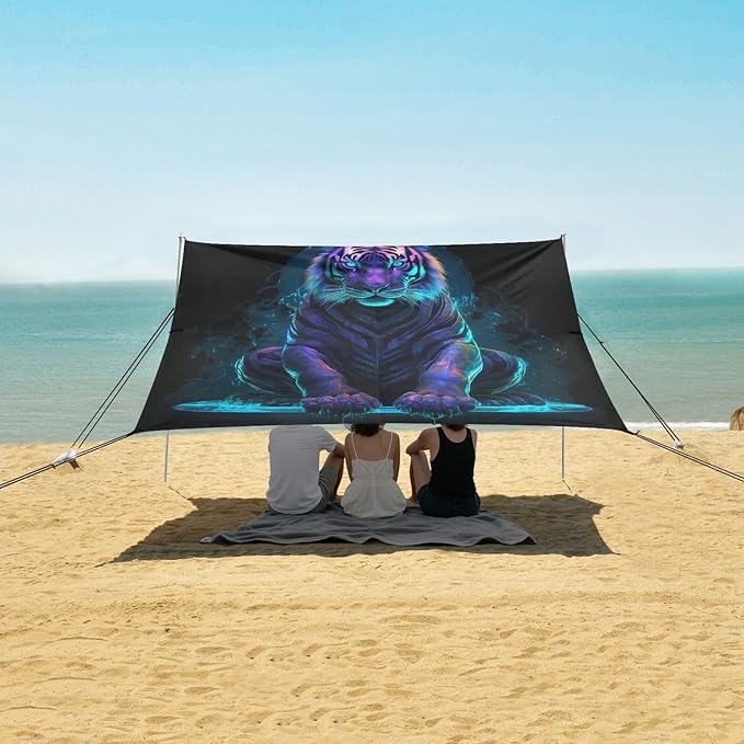 ALAZA Neon Tiger Beach Tent Sun Shelter UPF50+ Protection Beach Shade Canopy w/ 4 Sandbags for Outdoor Camping Fishing Backyard Fun Picnic 10x9 ft
