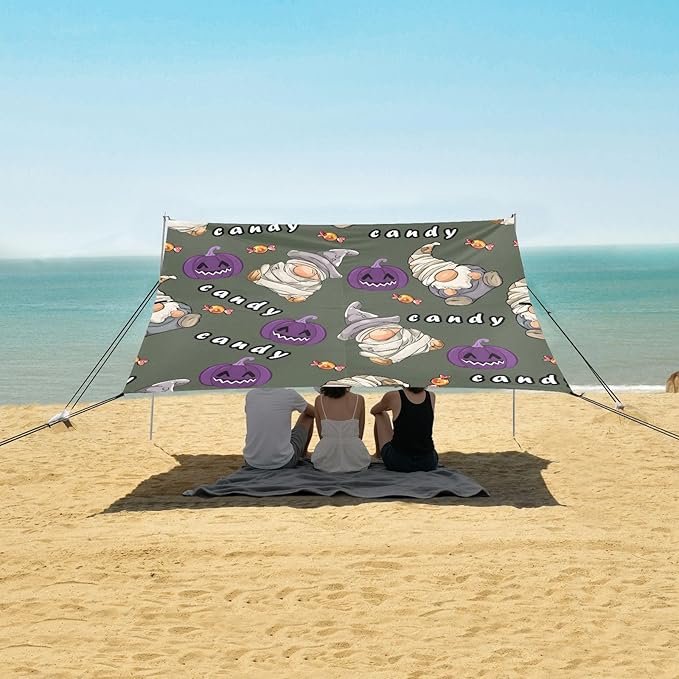 ALAZA Gnome Pumpkin Halloween Beach Tent Sun Shelter UPF50+ Protection Beach Shade Canopy w/ 4 Sandbags for Outdoor Camping Fishing Backyard Fun Picnic 10x9 ft