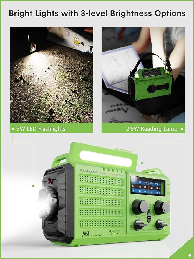Raynic Weather Radio 5000mAh/18500mWh Solar Hand Crank Emergency Radio Battery Powered AM/FM/SW/NOAA Weather Alert Radio with Flashlight Cell Phone Charger and SOS Siren for Power Outages (Green)
