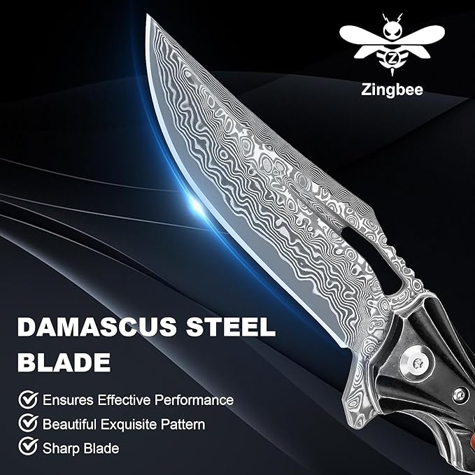 Zingbee Damascus Pocket Knife for Men Women Wood Handle Folding Knife with Sheath 3.15 Damascus Steel Blade Pocket Knives for Outdoor