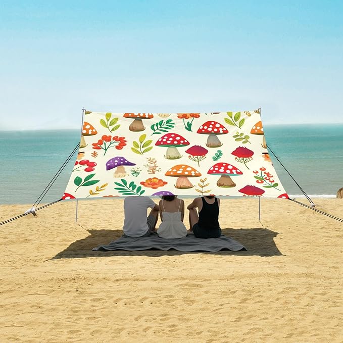xigua Mushroom Beach Tent Sun Shelter with Carrying Bag - Silver Coated Oxford Fabric Beach Canopy for Beach Camping Fishing - Includes Windproof Ropes Sandbags &amp Stakes