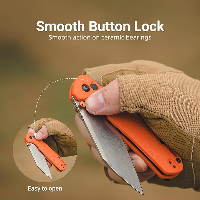 CJRB Pyrite-Light Manual Folding Knife with 3.34'' Upgraded AR-SFII Steel Blade Pocket Knives with Button Lock for Camping Hiking J1945 Orange