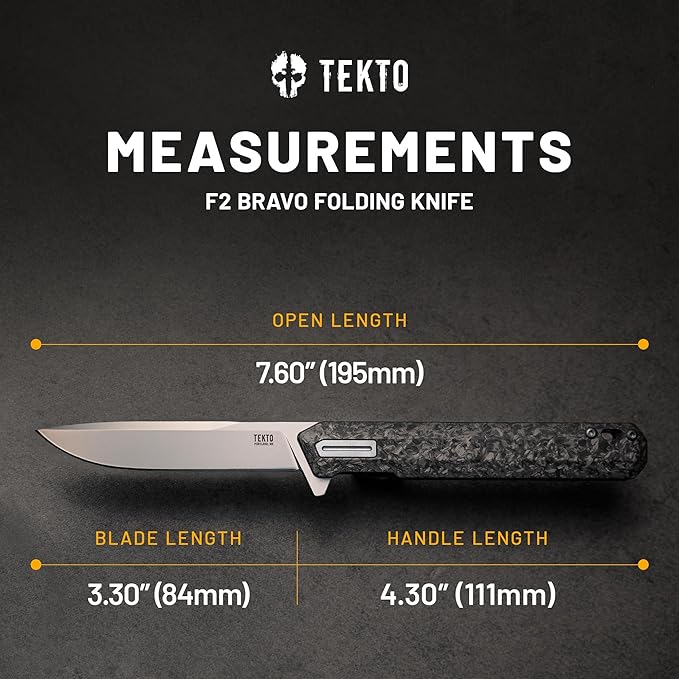 TEKTO F2 Bravo Folding Knife Pocket - D2 Steel Blade Ceramic Ball Bearings - EDC - Snap Swift Flip - Camping Backpacking - 2.4oz (68g) Forged Carbon Handle Silver Titanium Accents