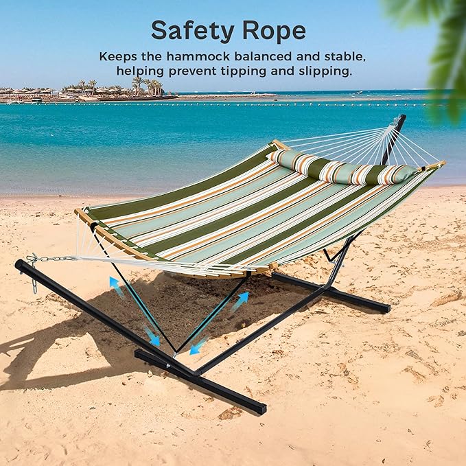 SUPERJARE Hammock with Stand 2 Person Heavy Duty Hammock with Padded Cotton Detachable Pillow &amp Strong Curved-Bar &amp Portable Carrying Bag Perfect for Outdoor &amp Indoor Retro Green