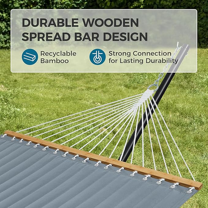 SUPERJARE Hammock with Stand 2 Person Quilted Outdoor Hammock Detachable Pillow &amp Bamboo Spreaders Portable Hammock with Carrying Bag Heavy Duty Stand Perfect for Outside Patio Neutral Gray