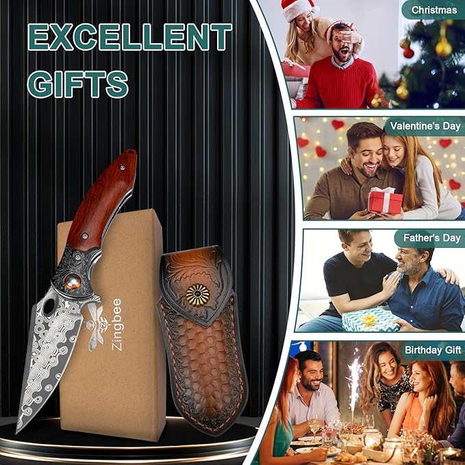 Zingbee Damascus Pocket Knife 3.27” Damascus Blade EDC Folding Knives with Guibourtia Wooden Handle Christmas Ideal for Utility Gift