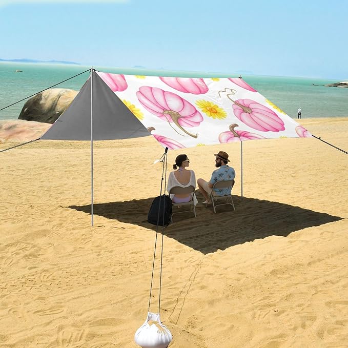 xigua Pumpkins Beach Tent Sun Shelter with Carrying Bag - Silver Coated Oxford Fabric Beach Canopy for Beach Camping Fishing - Includes Windproof Ropes Sandbags &amp Stakes