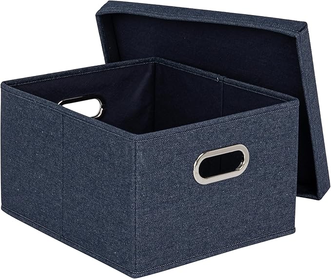 Household Essentials Collapsible Cotton Blend Storage Box with Lid and Metal Grommet Handle Set of 2 Denim
